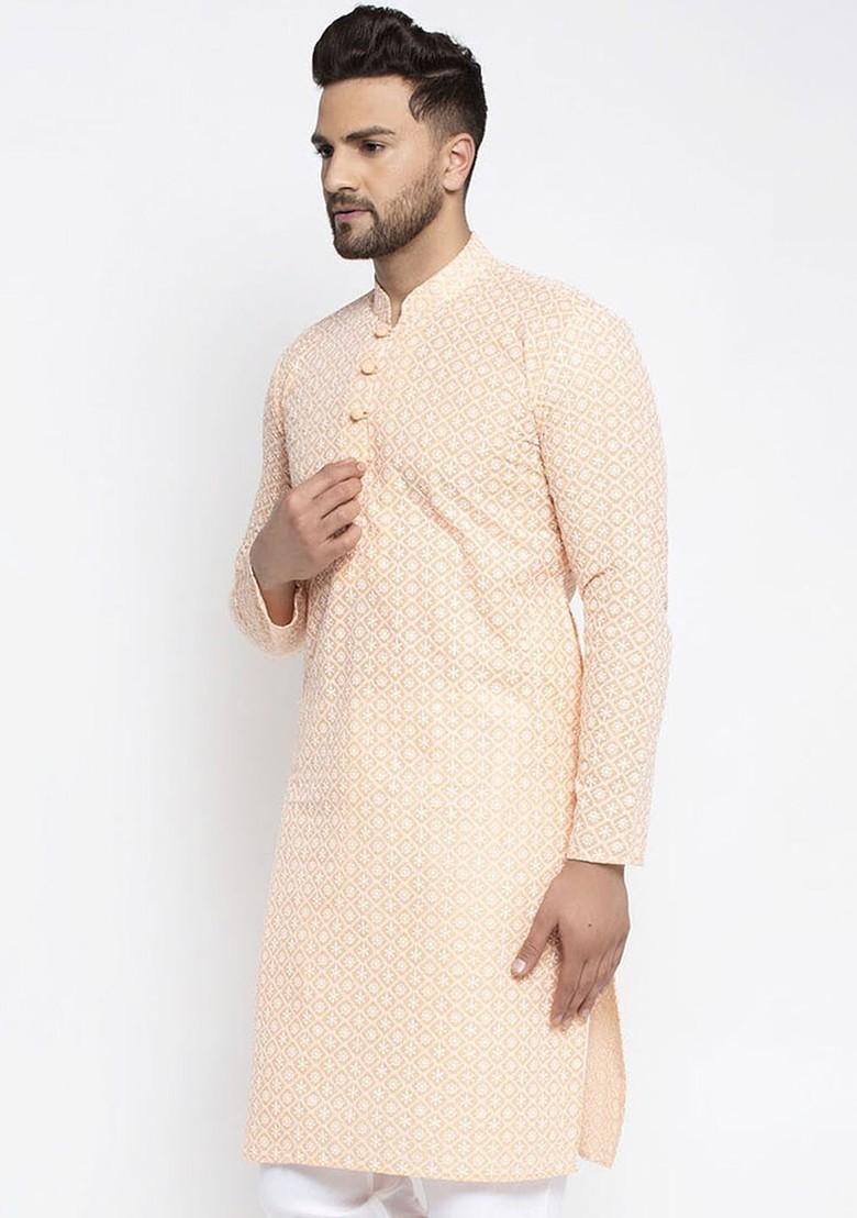 Orange Embroidered Poly Blend Kurta For Men