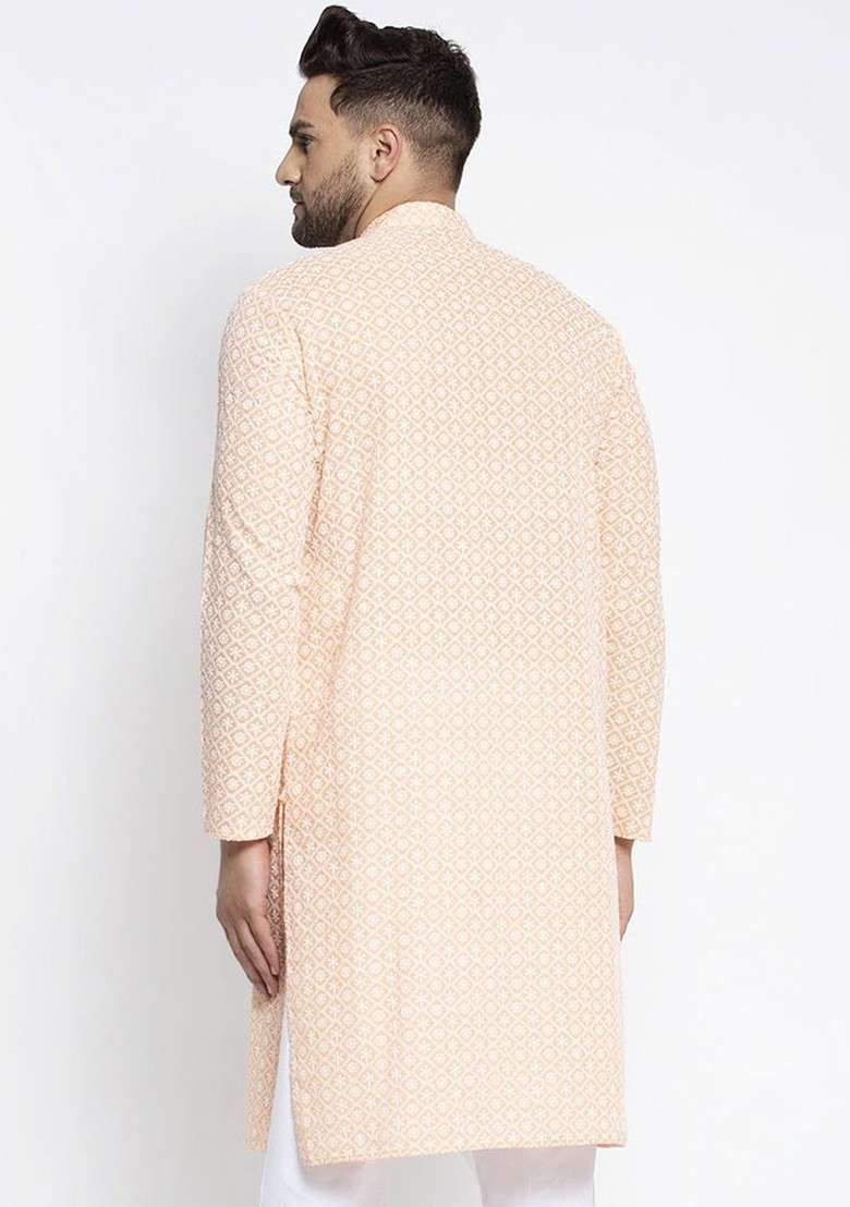 Orange Embroidered Poly Blend Kurta For Men - Indya