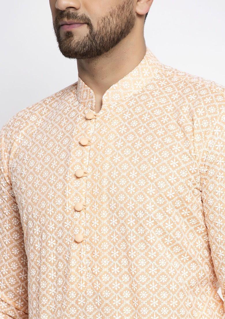 Orange Embroidered Poly Blend Kurta For Men