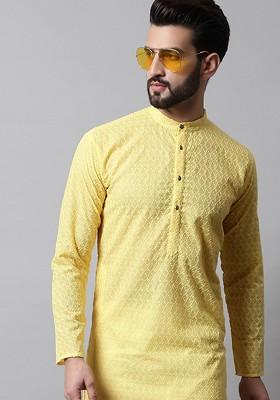 Yellow Woven Design Poly Blend Kurta For Men