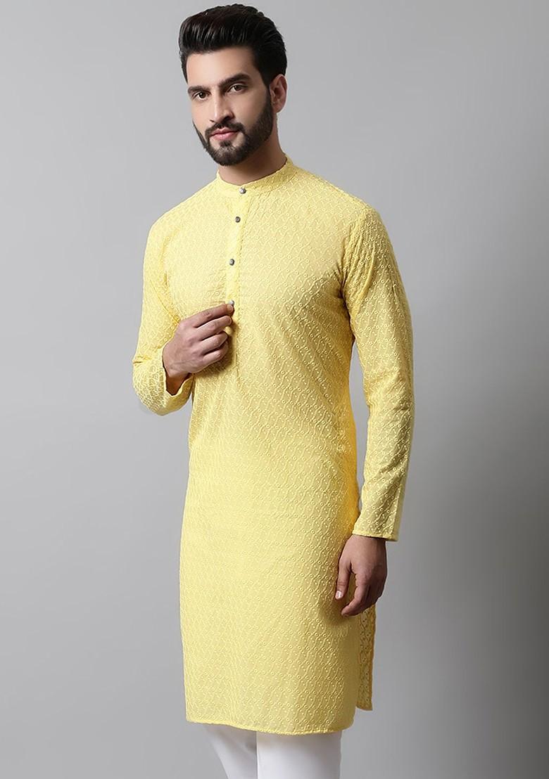 Yellow Woven Design Poly Blend Kurta For Men