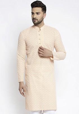 Peach Embroidered Poly Blend Kurta For Men