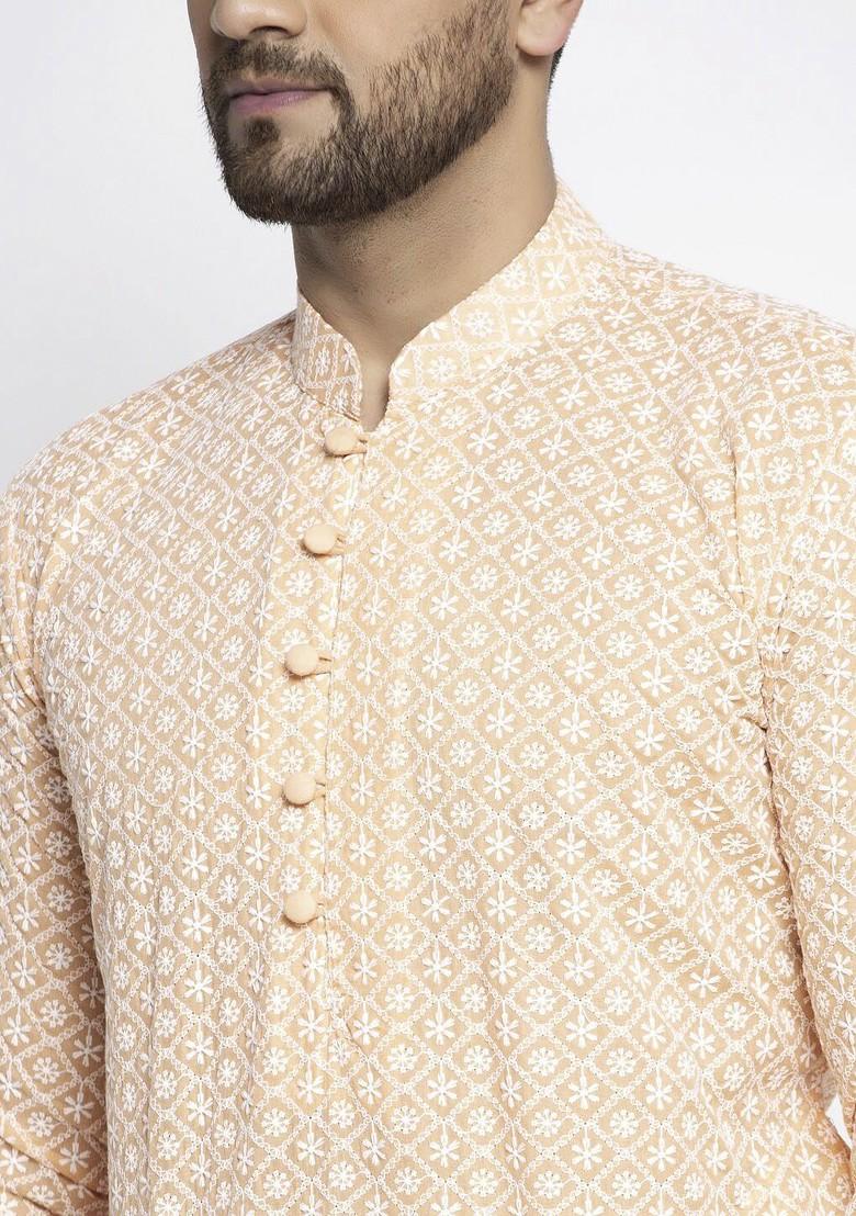 Peach Embroidered Poly Blend Kurta For Men