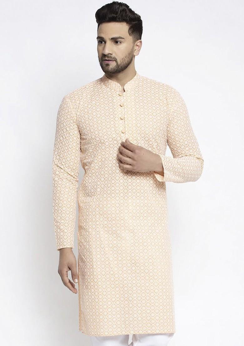Peach Embroidered Poly Blend Kurta For Men