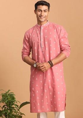 Pink Geometric Print Cotton Kurta For Men