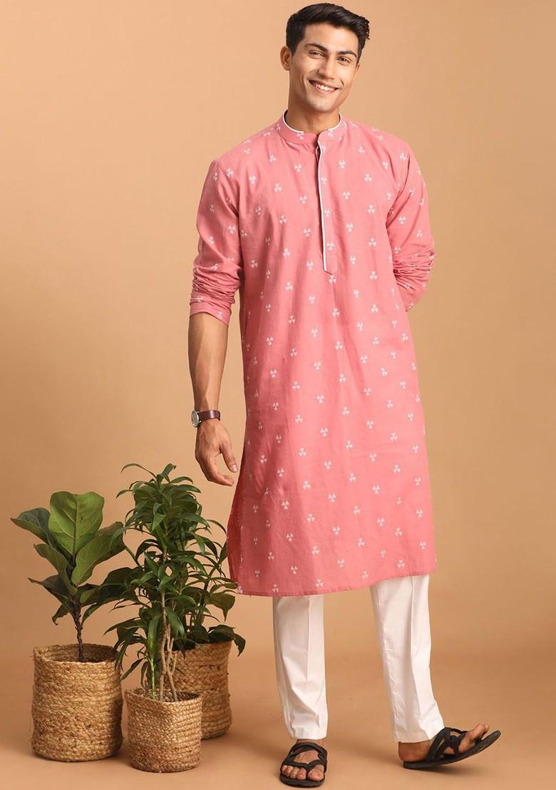 Pink Geometric Print Cotton Kurta For Men