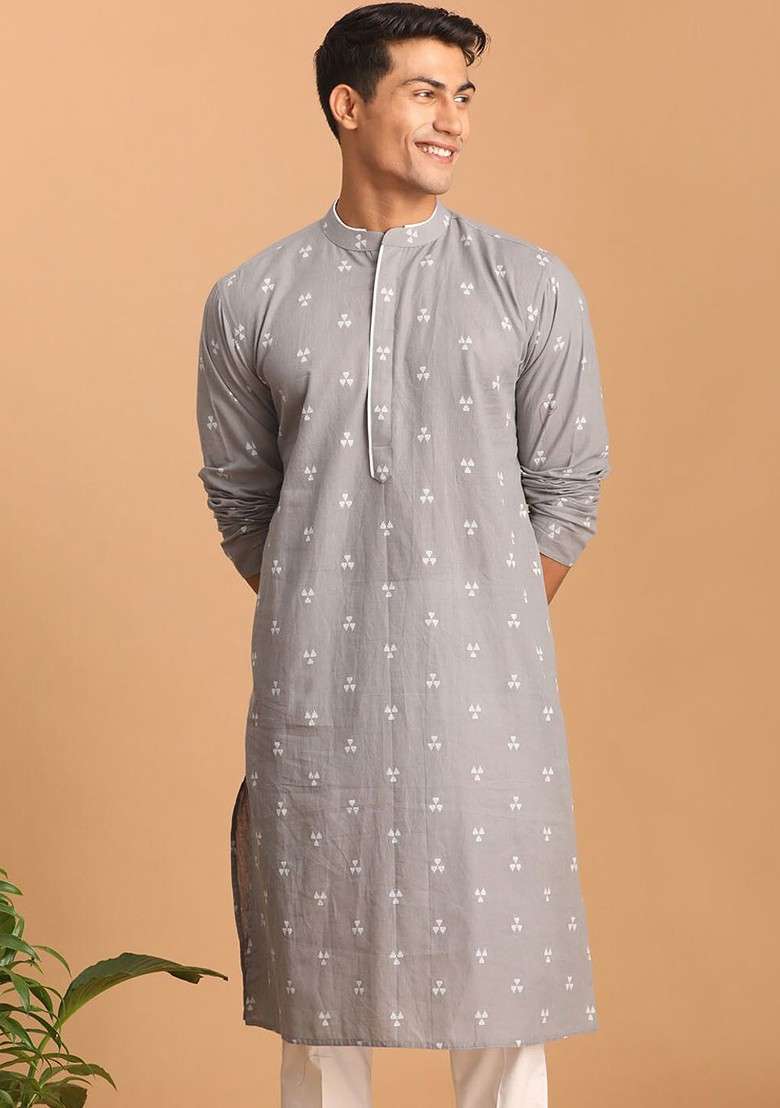 Grey Geometric Print Jacquard Kurta For Men - Indya