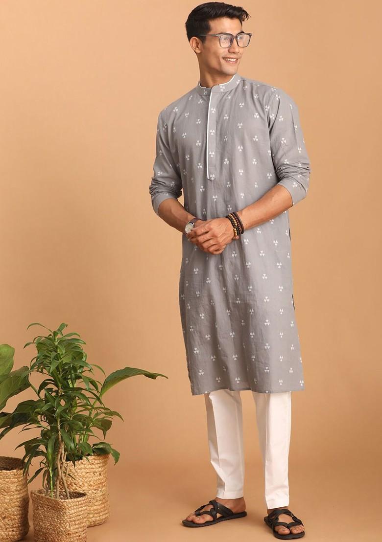 Grey Geometric Print Jacquard Kurta For Men