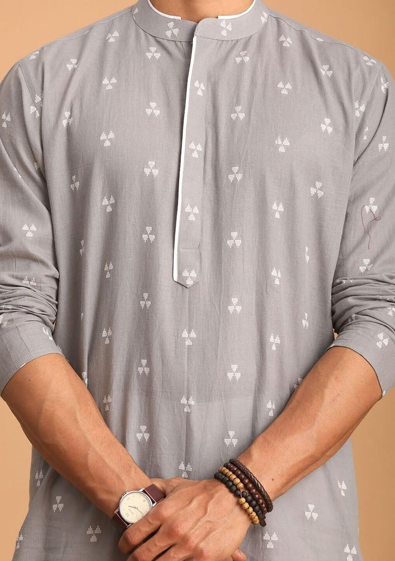 Grey Geometric Print Jacquard Kurta For Men