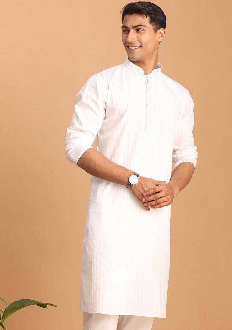 White Striped Poly Blend Kurta For Men