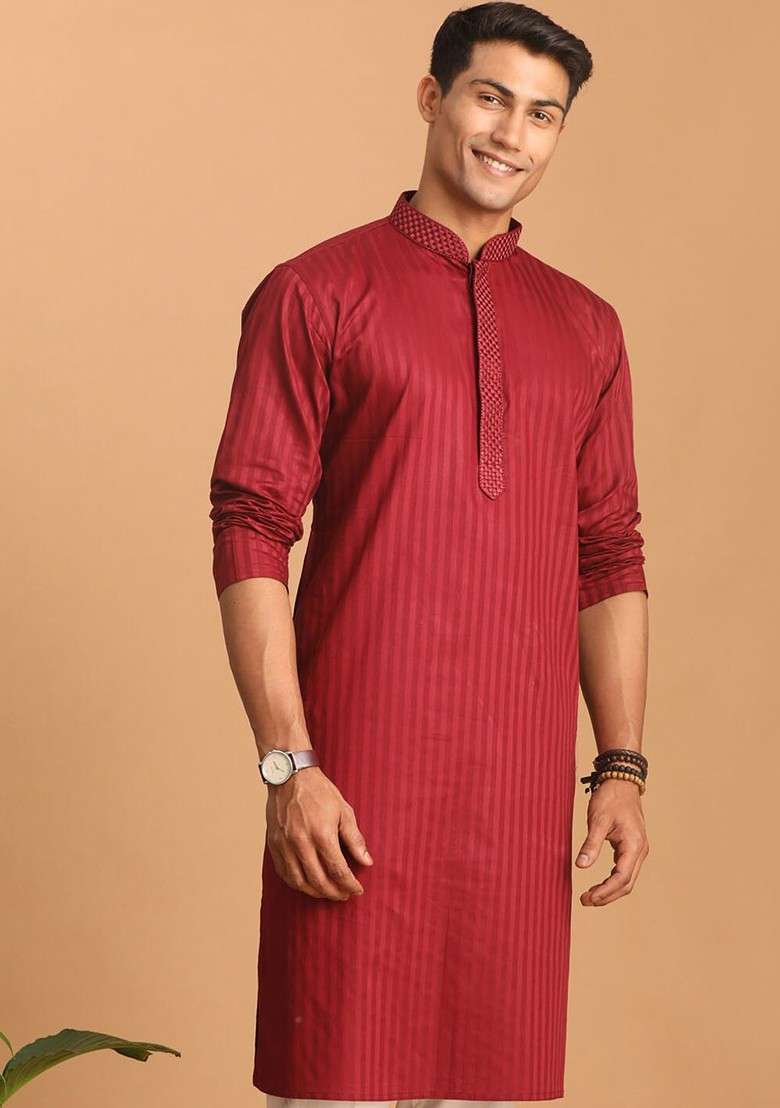 Maroon Striped Poly Blend Kurta For Men - Indya