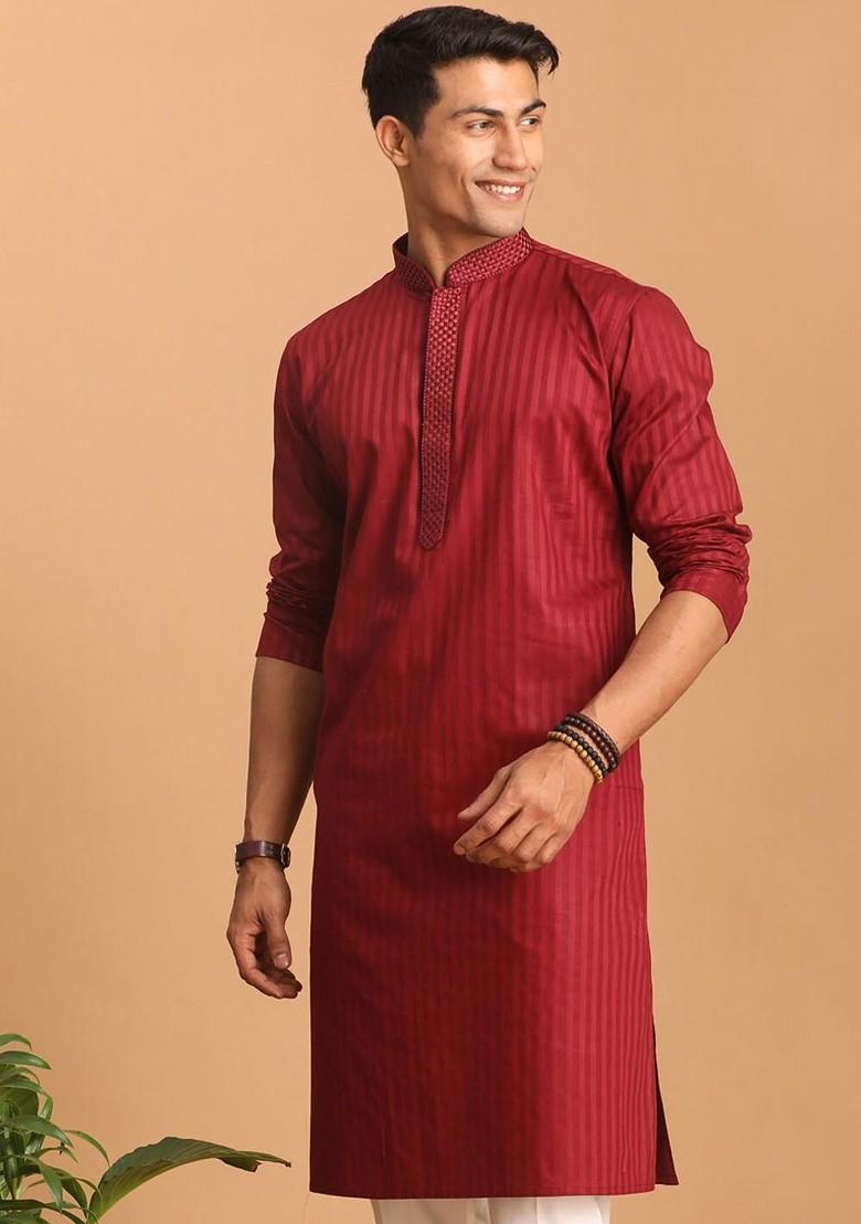 Maroon Striped Poly Blend Kurta For Men