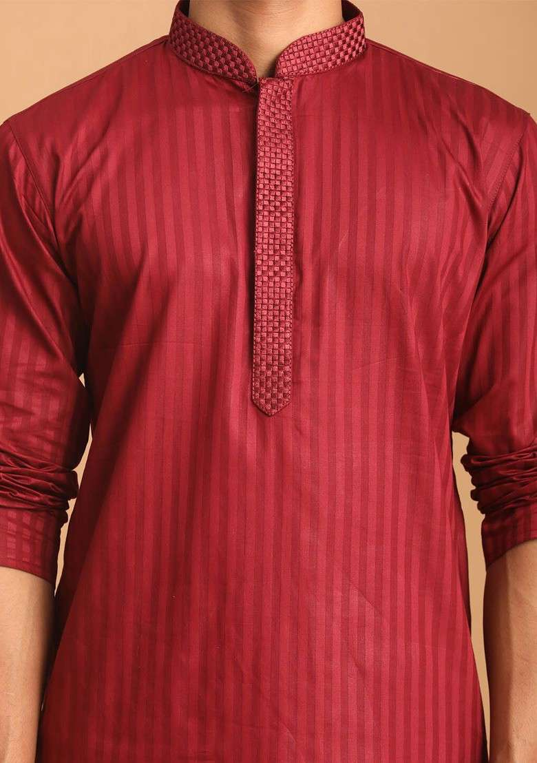Maroon Striped Poly Blend Kurta For Men - Indya