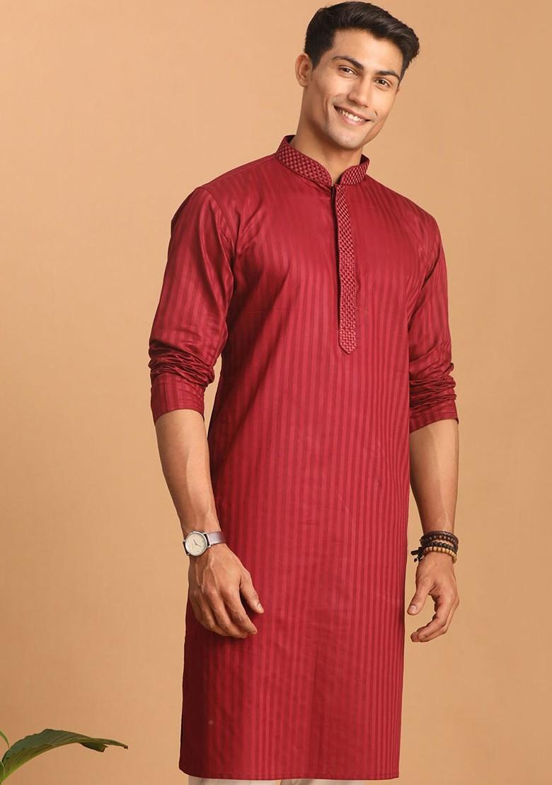 Maroon Striped Poly Blend Kurta For Men