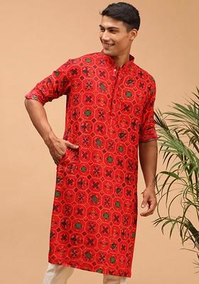 Red Ethnic Motifs Cotton Kurta For Men