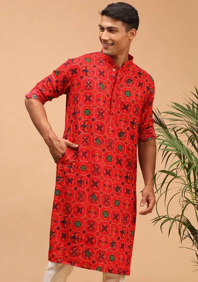 Red Ethnic Motifs Cotton Kurta For Men - Indya
