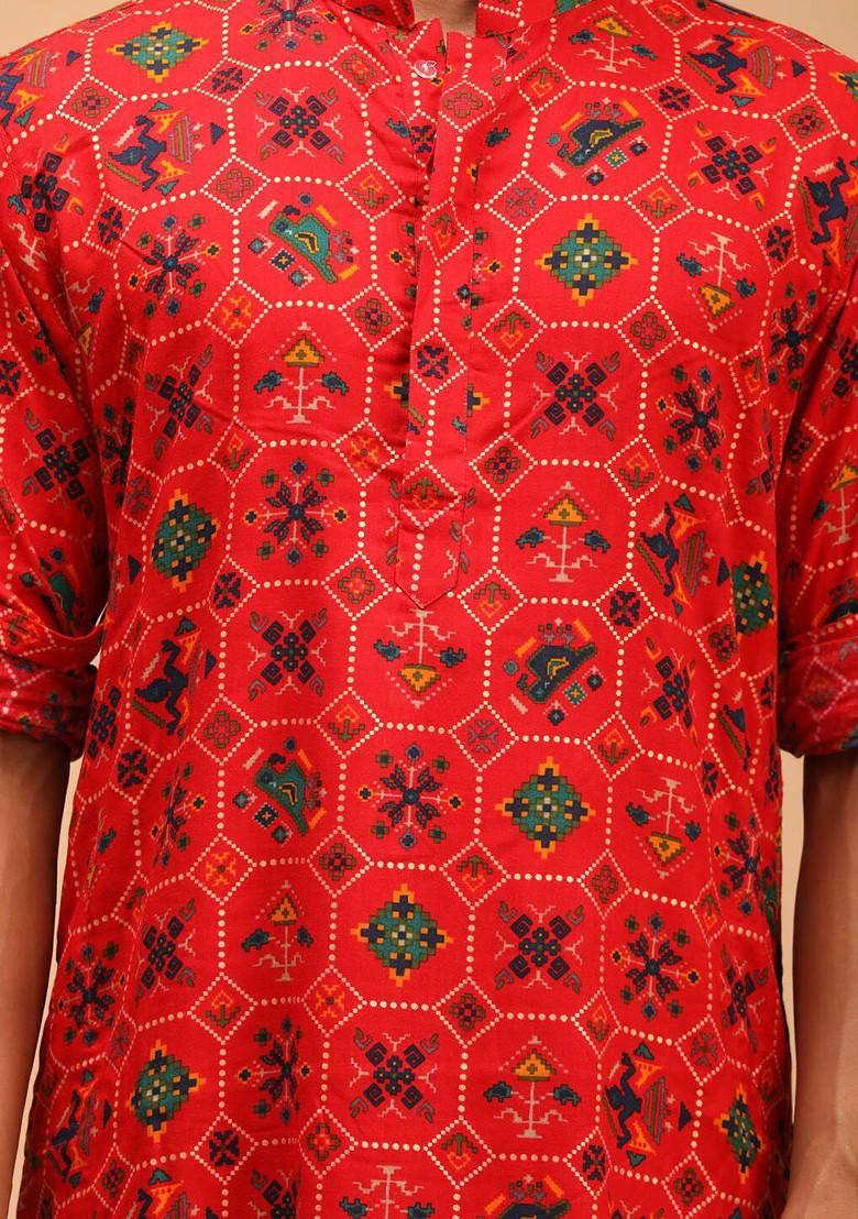 Red Ethnic Motifs Cotton Kurta For Men