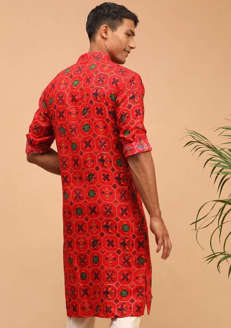 Red Ethnic Motifs Cotton Kurta For Men - Indya