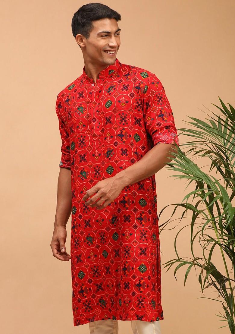 Red Ethnic Motifs Cotton Kurta For Men