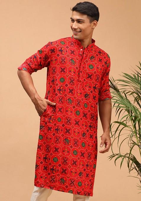 Red Ethnic Motifs Cotton Kurta For Men — view on Indya