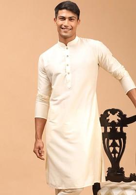 Cream Solid Poly Blend Kurta For Men