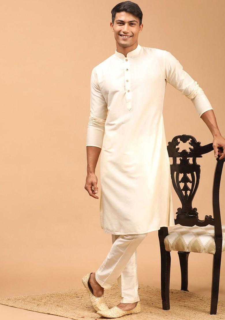 Cream Solid Poly Blend Kurta For Men