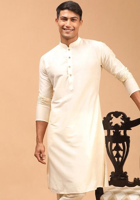 Cream Solid Poly Blend Kurta For Men — view on Indya