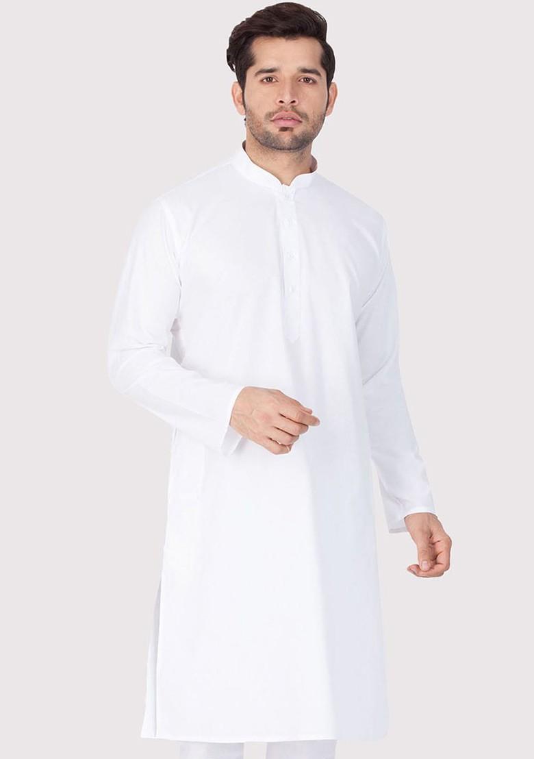 White Thread Work Poly Blend Kurta For Men