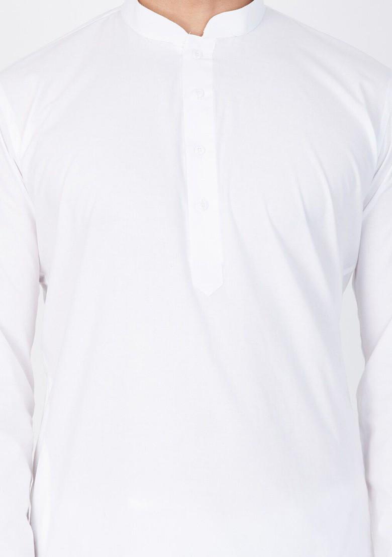 White Thread Work Poly Blend Kurta For Men