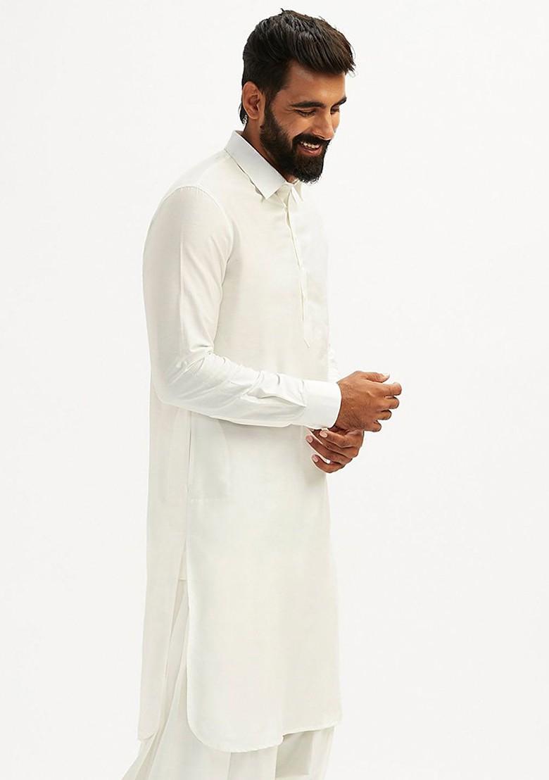 White Solid Pathani Kurta For Men