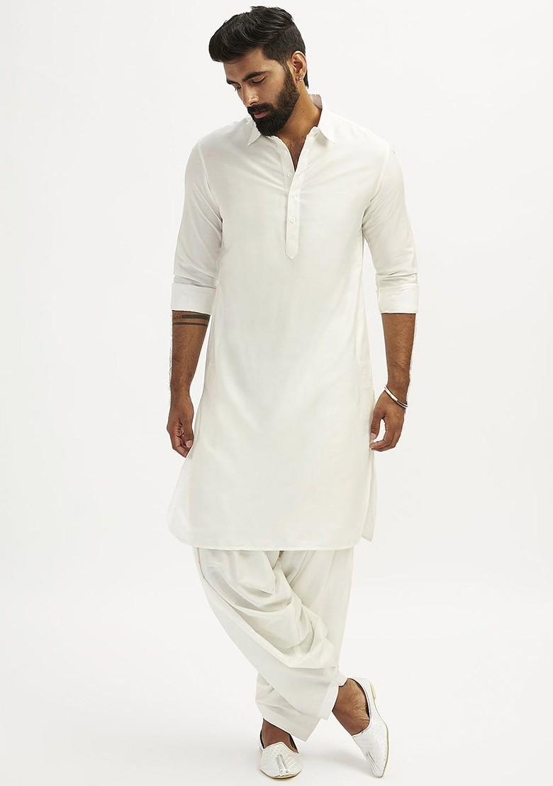 White Solid Pathani Kurta For Men