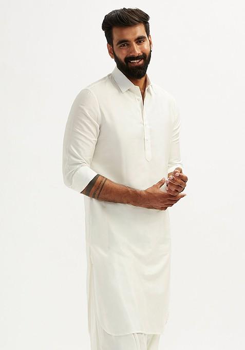 White Solid Pathani Kurta For Men — view on Indya