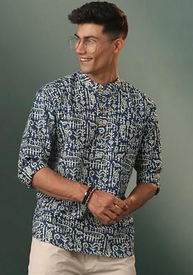 Navy Blue Geometric Print Cotton Kurta For Men