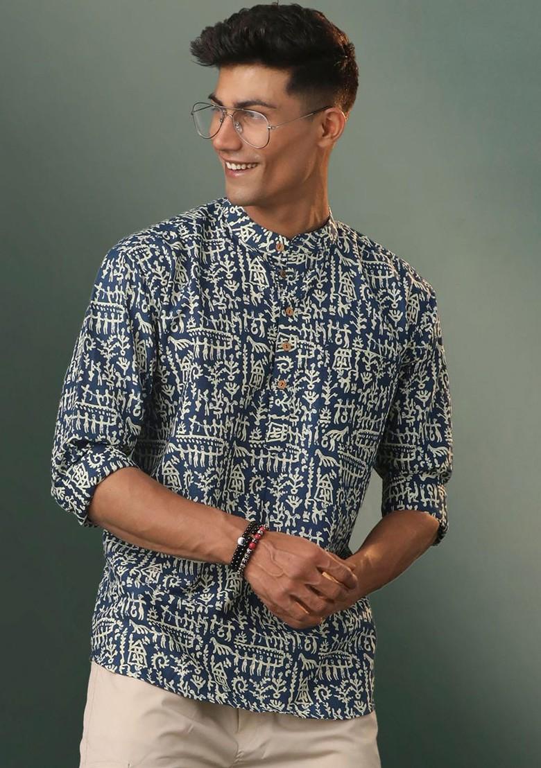 Navy Blue Geometric Print Cotton Kurta For Men