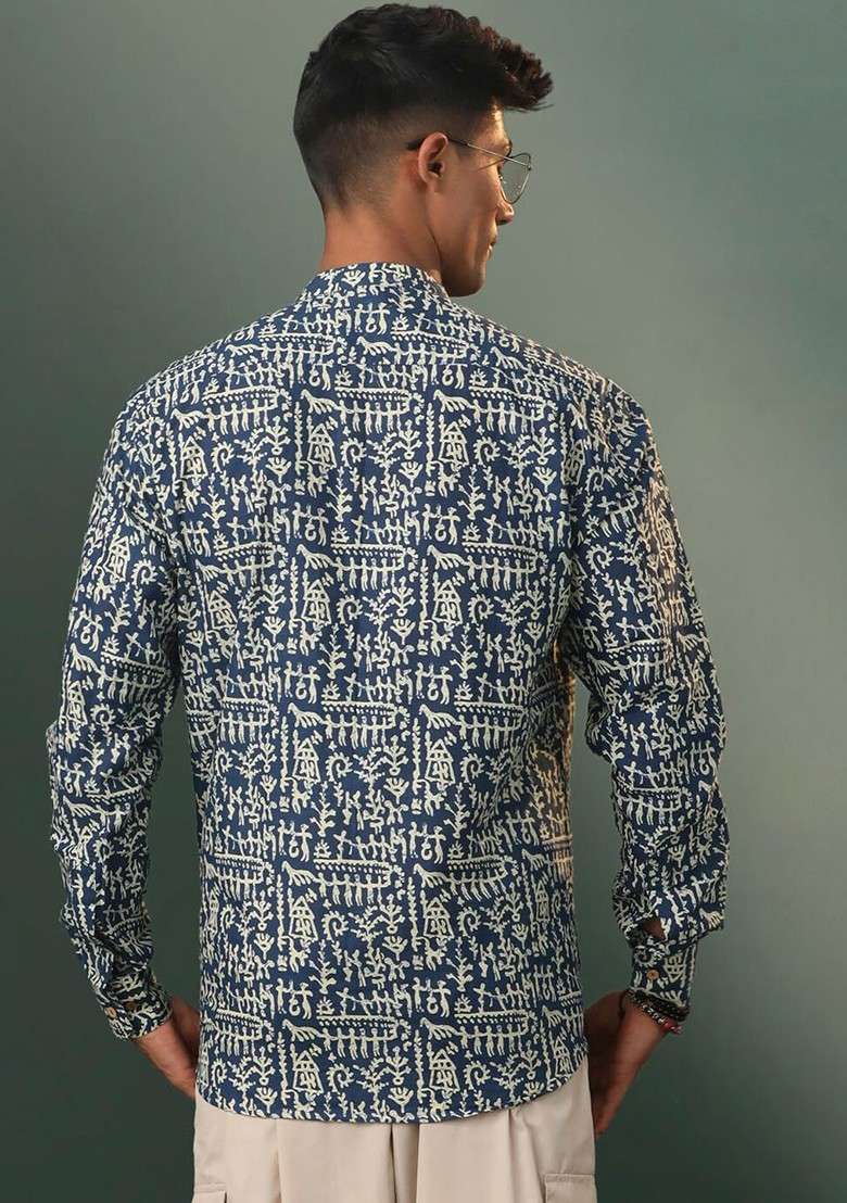 Navy Blue Geometric Print Cotton Kurta For Men - Indya