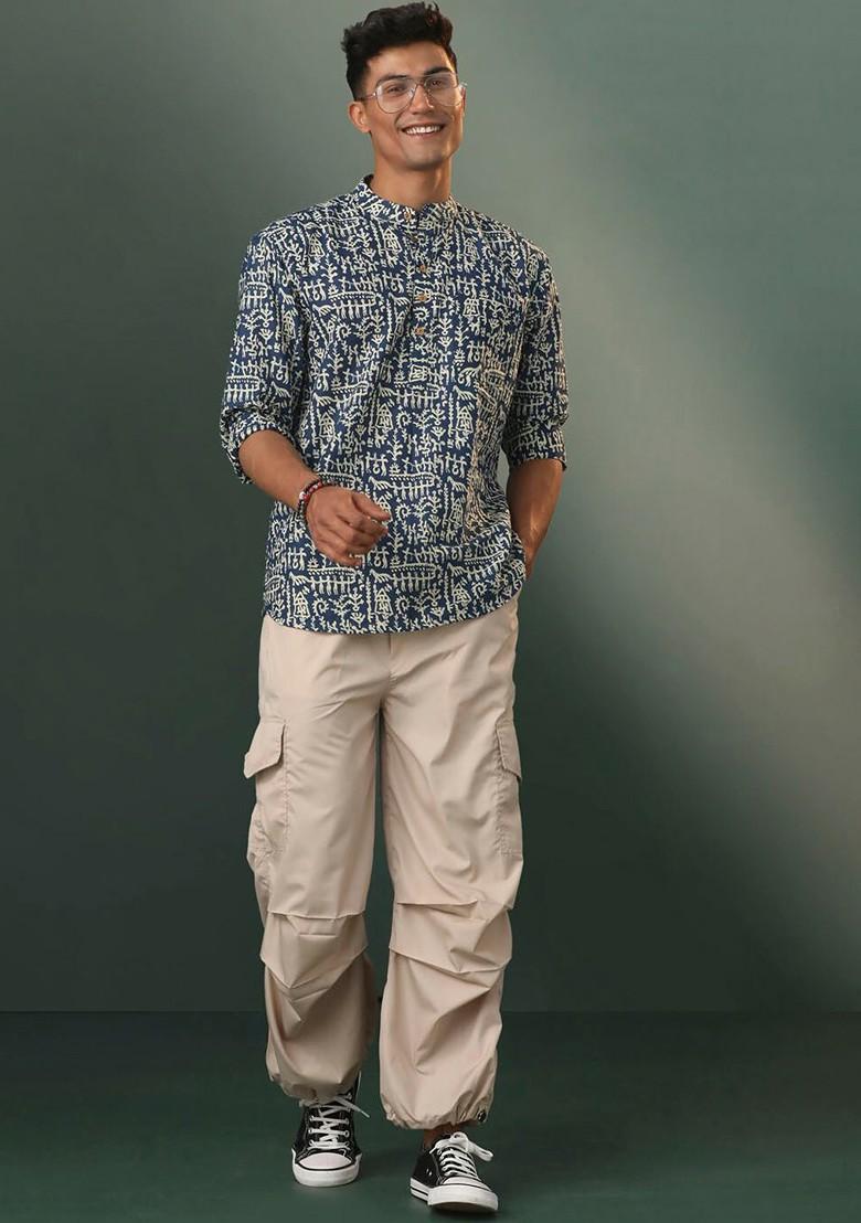 Navy Blue Geometric Print Cotton Kurta For Men
