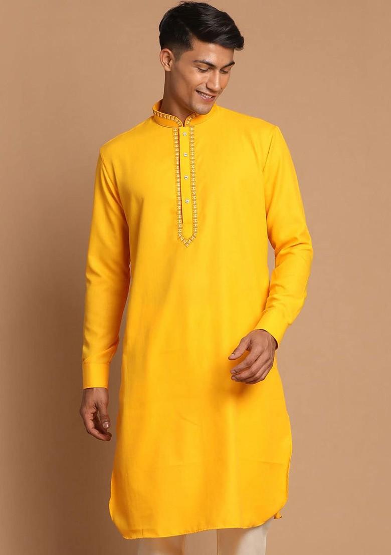 Yellow Solid Poly Blend Kurta For Men