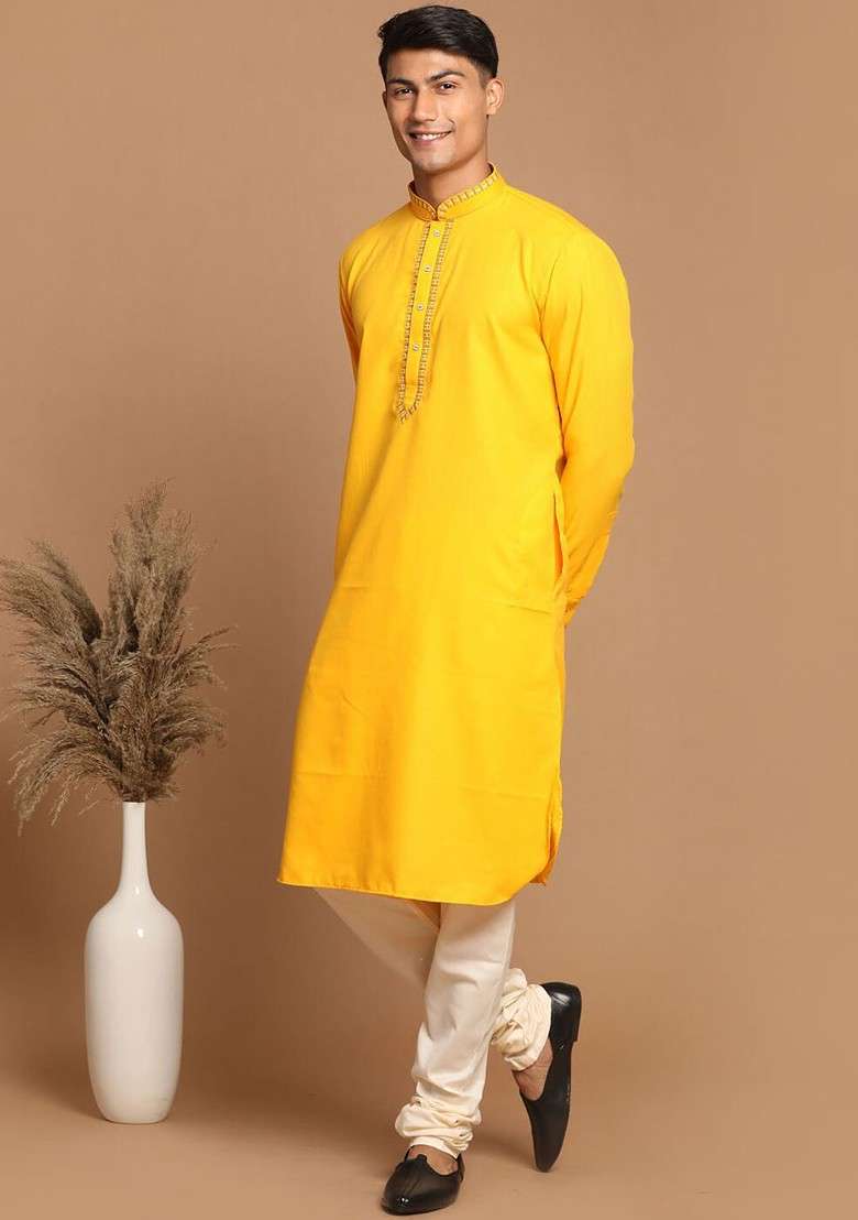 Yellow Solid Poly Blend Kurta For Men - Indya