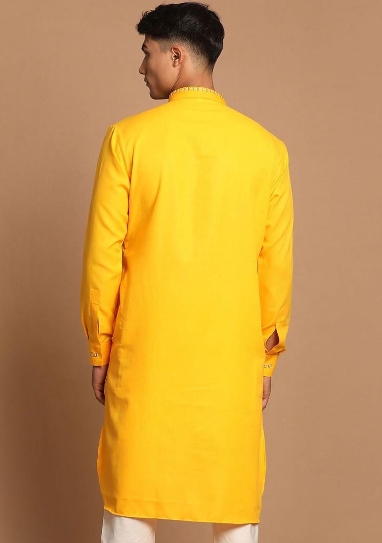 Yellow Solid Poly Blend Kurta For Men