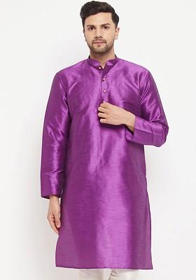 Purple Solid Poly Blend Kurta For Men