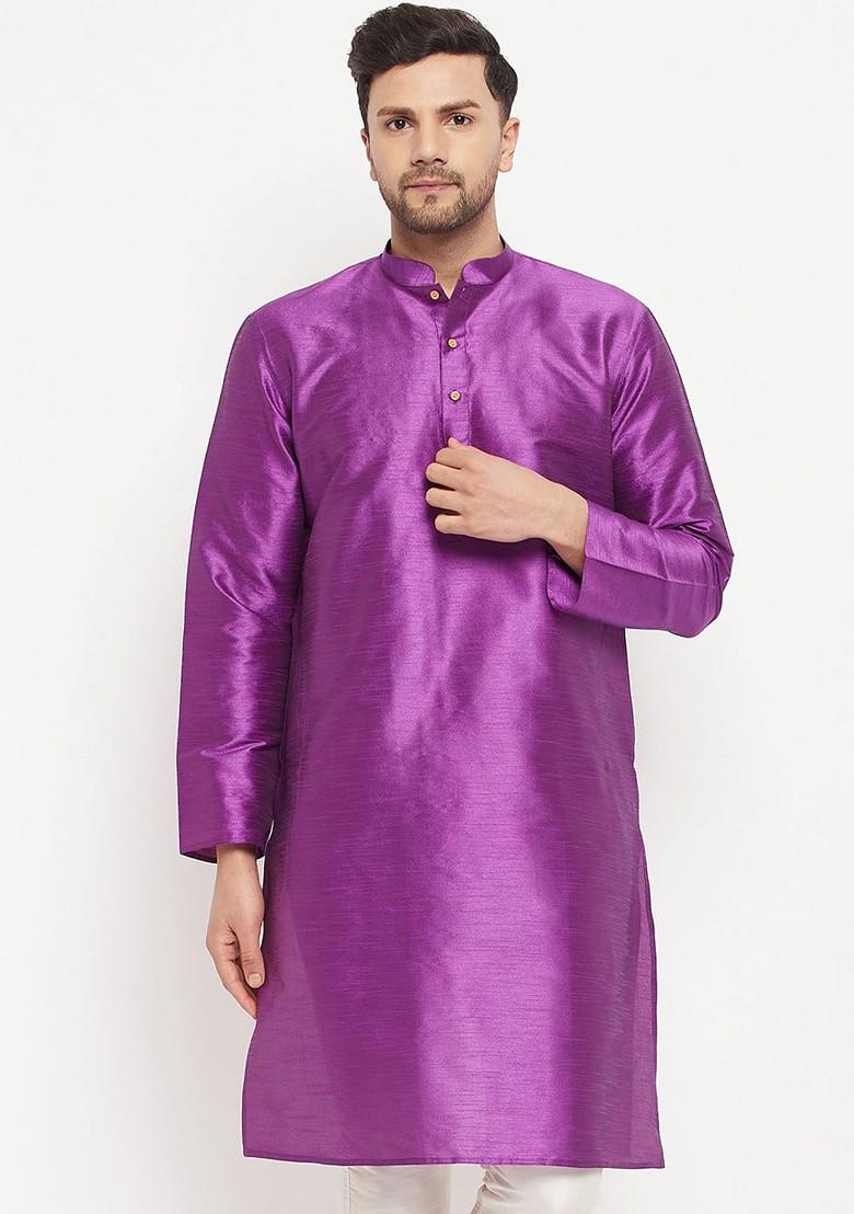 Purple Solid Poly Blend Kurta For Men