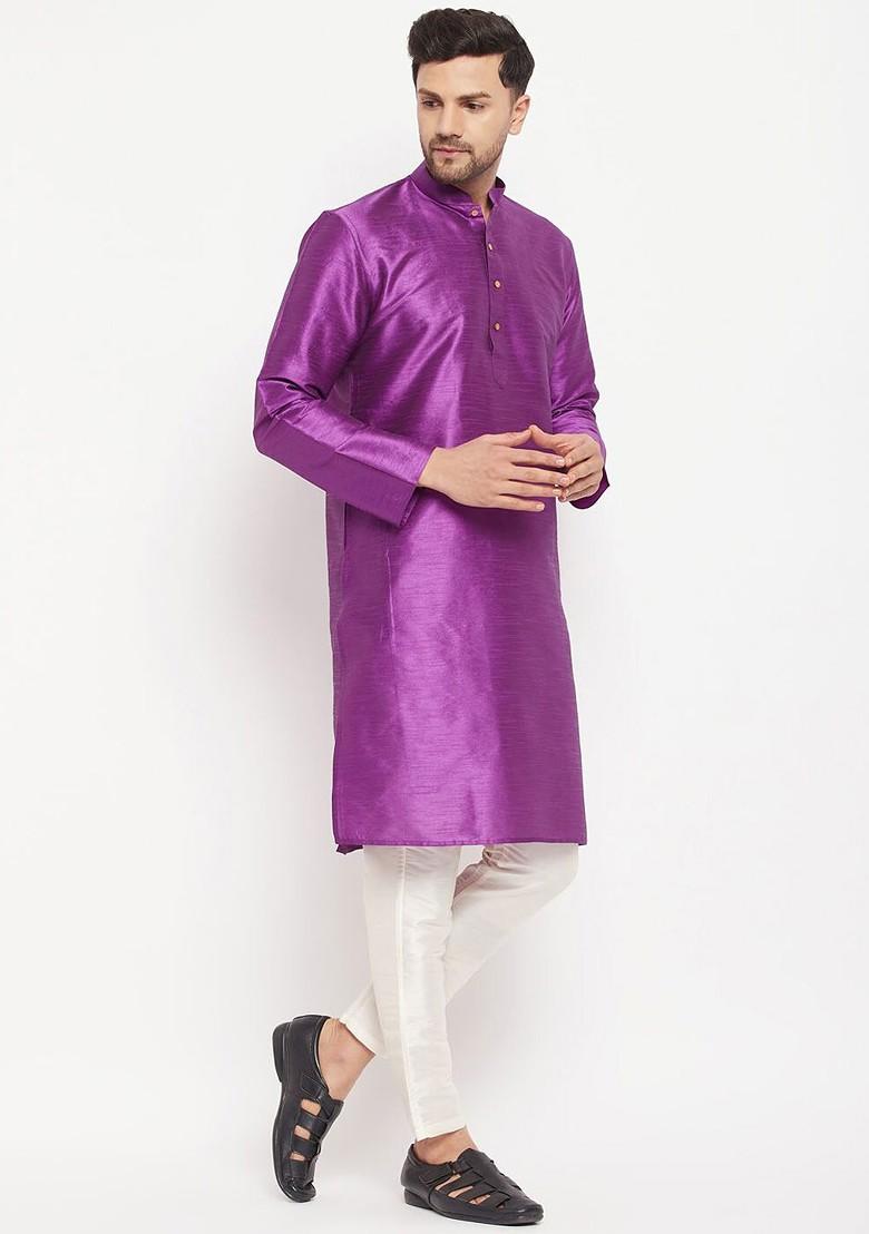 Purple Solid Poly Blend Kurta For Men