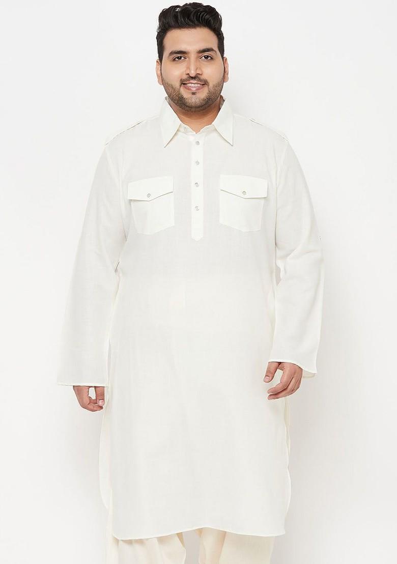 Cream Solid Pathani Kurta For Men