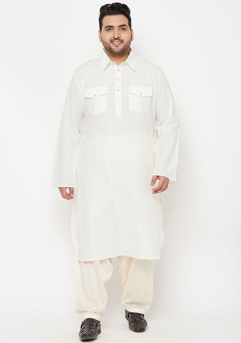 Cream Solid Pathani Kurta For Men
