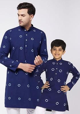 Blue Solid Cotton Kurta For Men