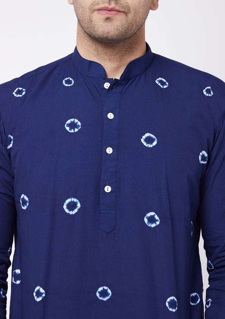Blue Solid Cotton Kurta For Men - Indya