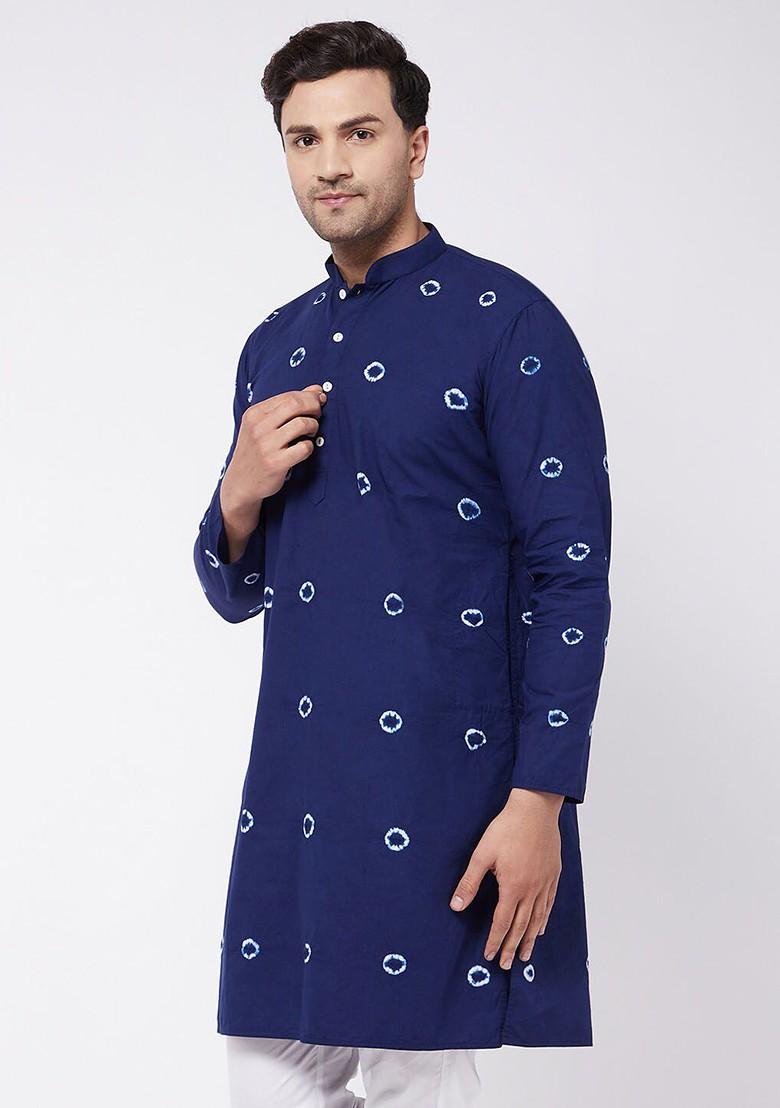 Blue Solid Cotton Kurta For Men