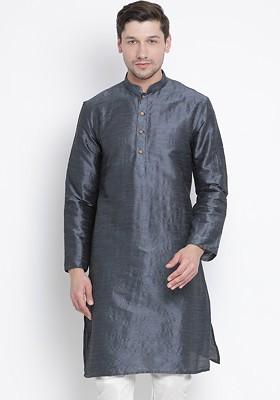 Charcoal Woven Poly Blend Kurta For Men