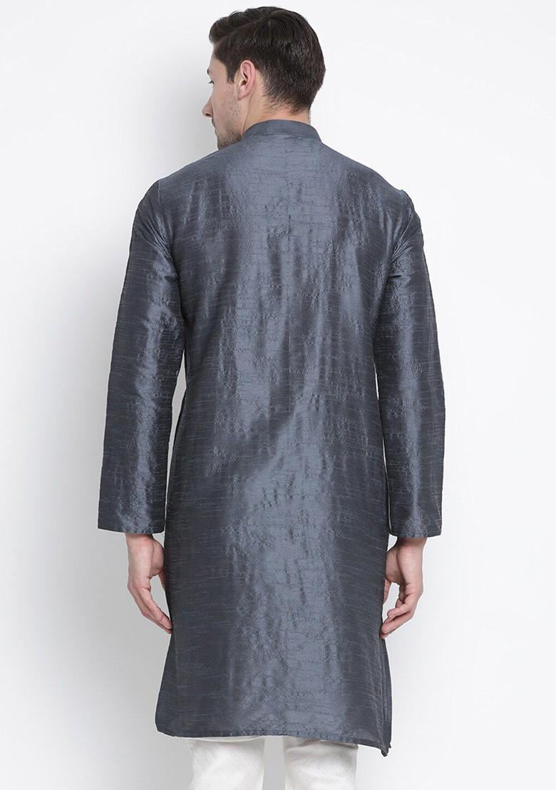 Charcoal Woven Poly Blend Kurta For Men