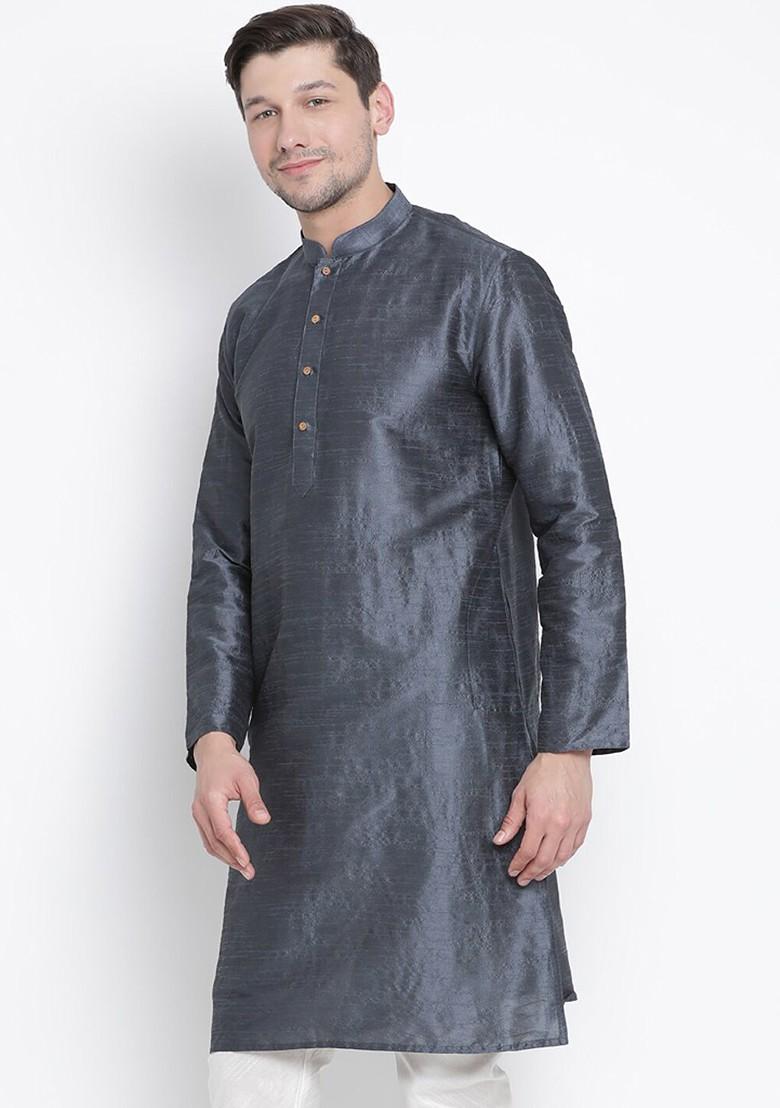 Charcoal Woven Poly Blend Kurta For Men